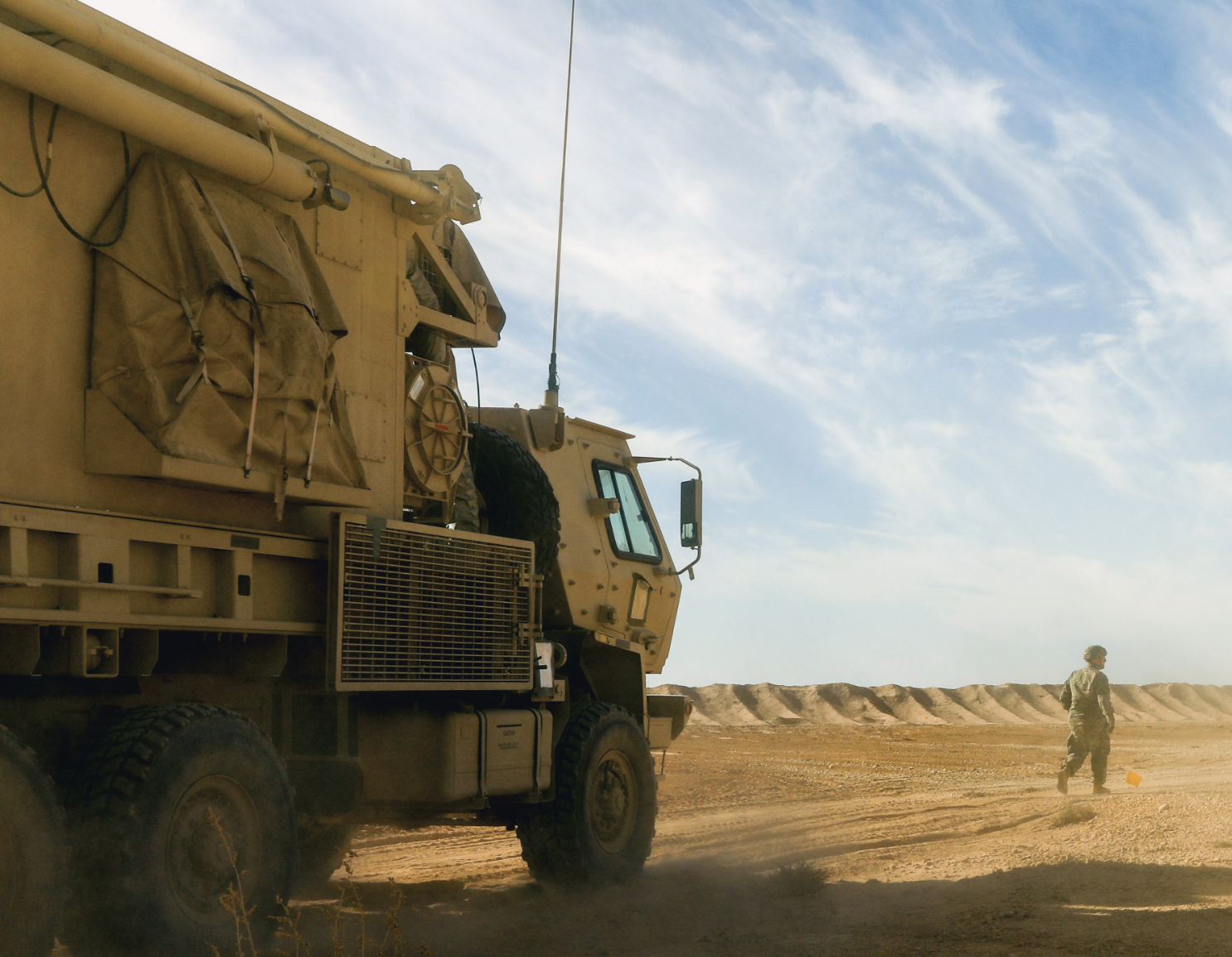 Soldiers from 1st Battalion, 7th Air Defense Artillery Regiment, 108th Air Defense Artillery Brigade, conduct convoy operations to Patriot airdefense artillery site in undisclosed location in U.S. Central Command area of operations, November 30, 2023 (U.S. Army/Christopher Neu)